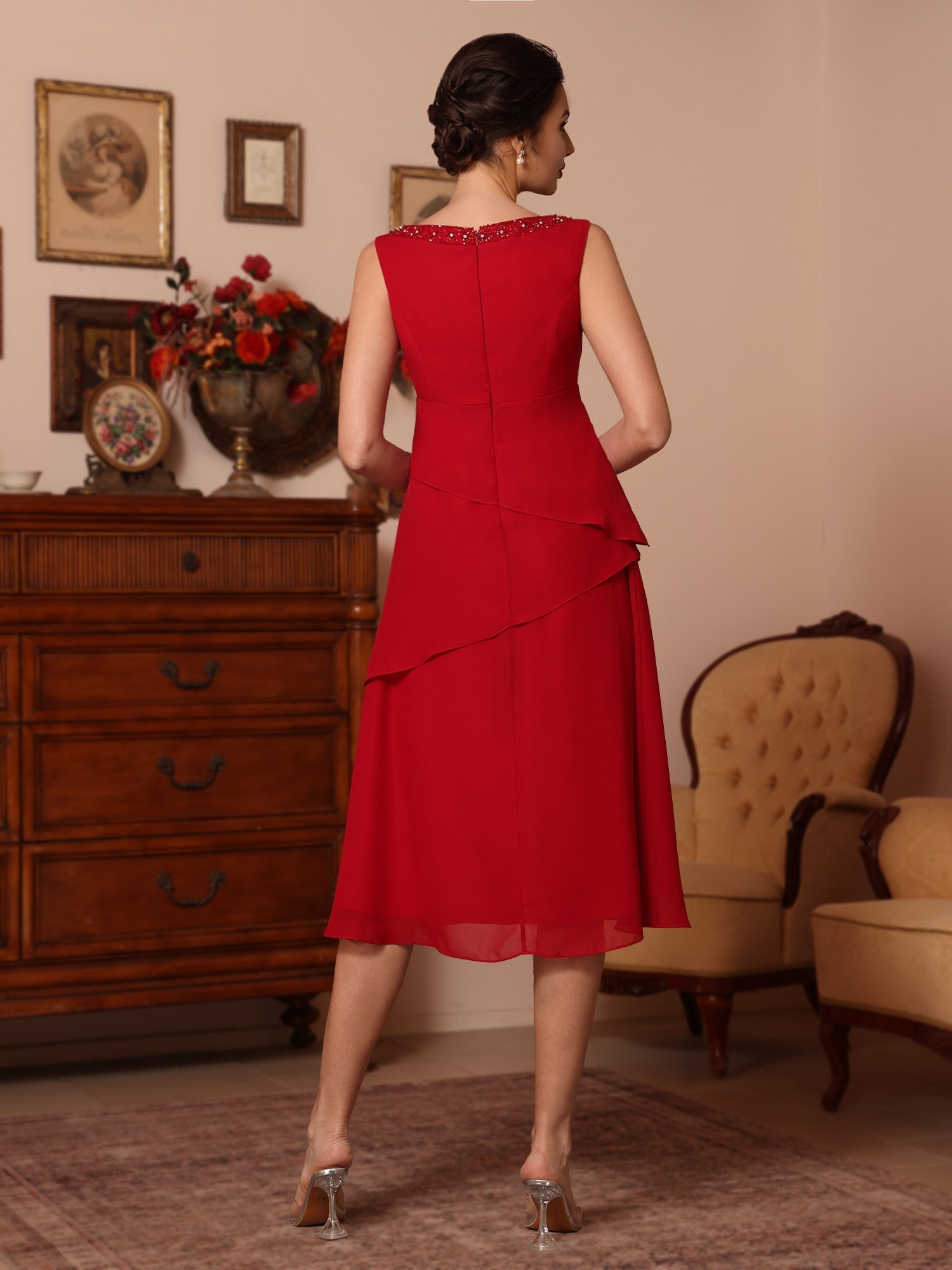 2 Pieces Sheath/Column V-Neck Chiffon Mother of the Bride Dresses with Jacket Beading Knee-Length Half Sleeves