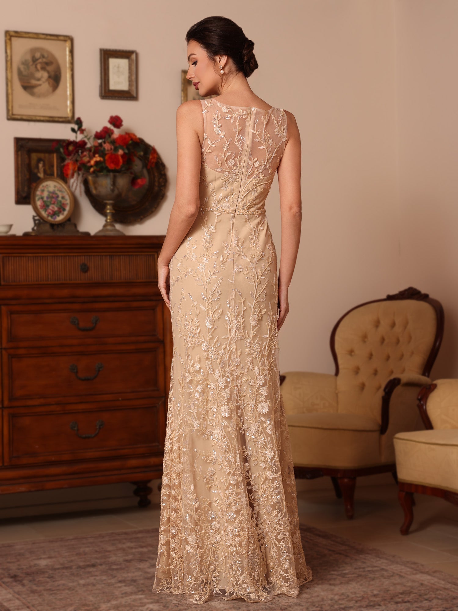 2 Pieces Sheath/Column Lace Mother of the Bride Dresses with Shawl Scoop Beading Sleeveless Floor-Length