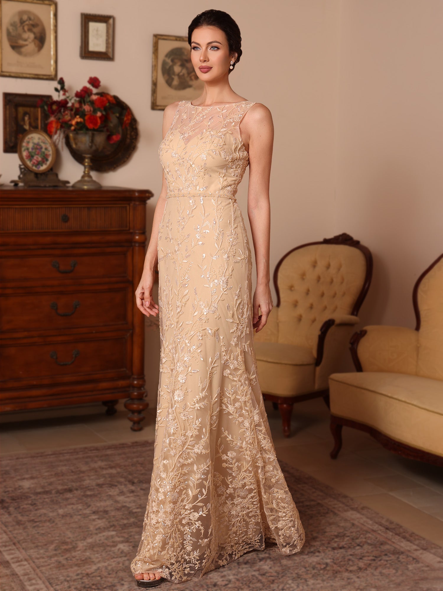 2 Pieces Sheath/Column Lace Mother of the Bride Dresses with Shawl Scoop Beading Sleeveless Floor-Length