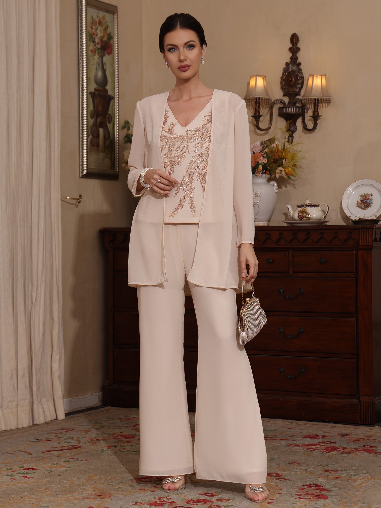 3 Pieces V-Neck Chiffon Mother of the Bride Pantsuits with Jacket Sequins Ankle-Length Long Sleeves
