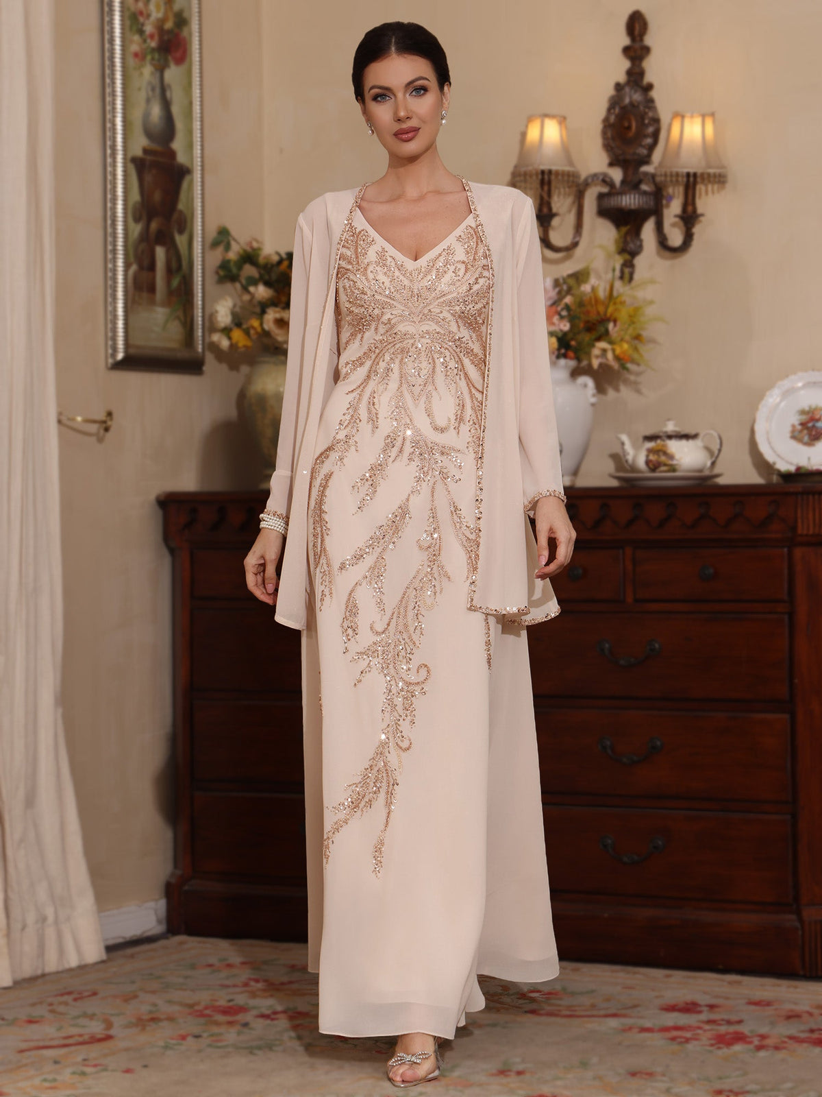 2 Pieces A-Line/Princess V-Neck Chiffon Mother of the Bride Dresses with Jacket Sequins Ankle-Length Long Sleeves