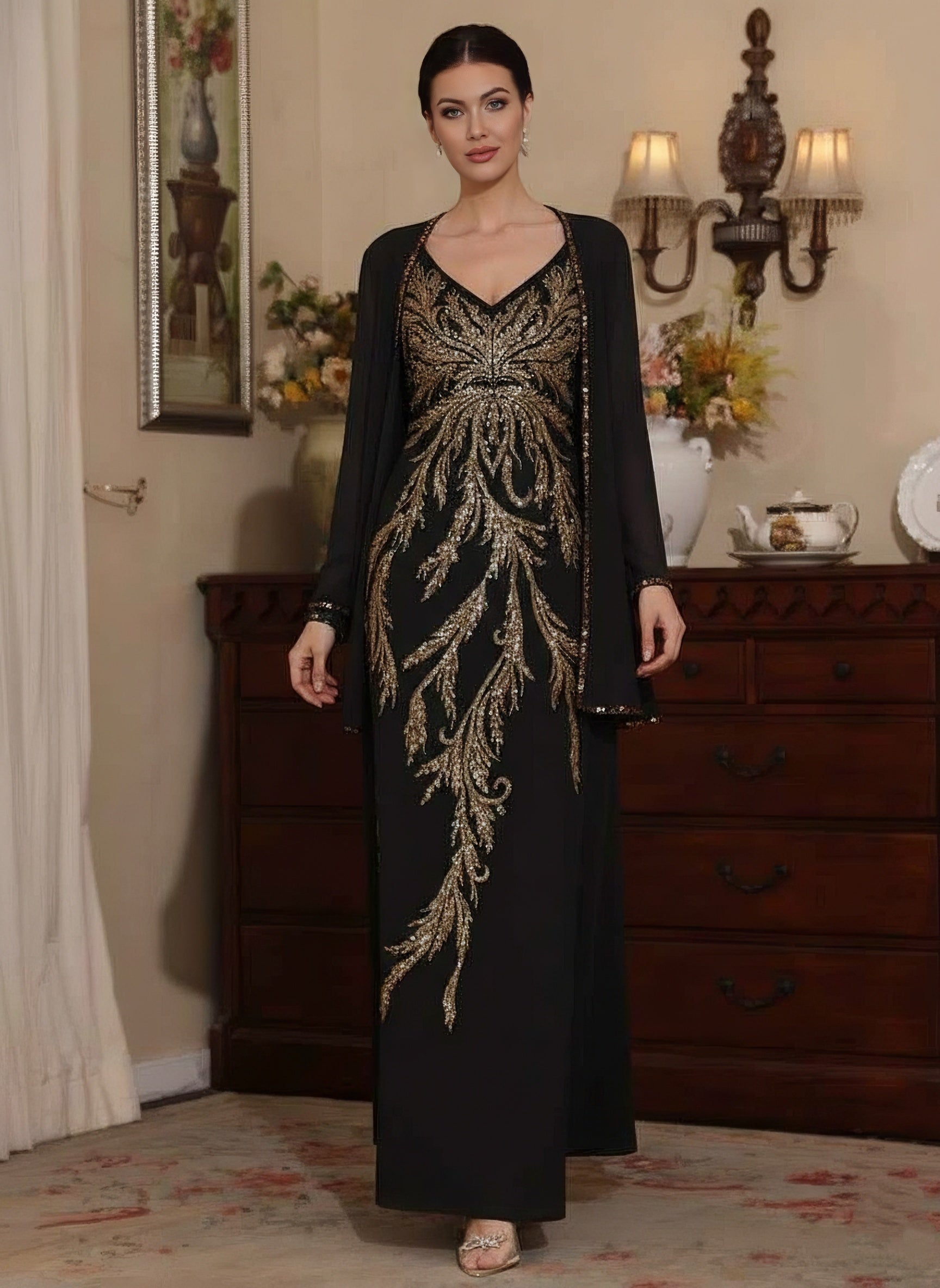 2 Pieces A-Line/Princess V-Neck Chiffon Mother of the Bride Dresses with Jacket Sequins Ankle-Length Long Sleeves
