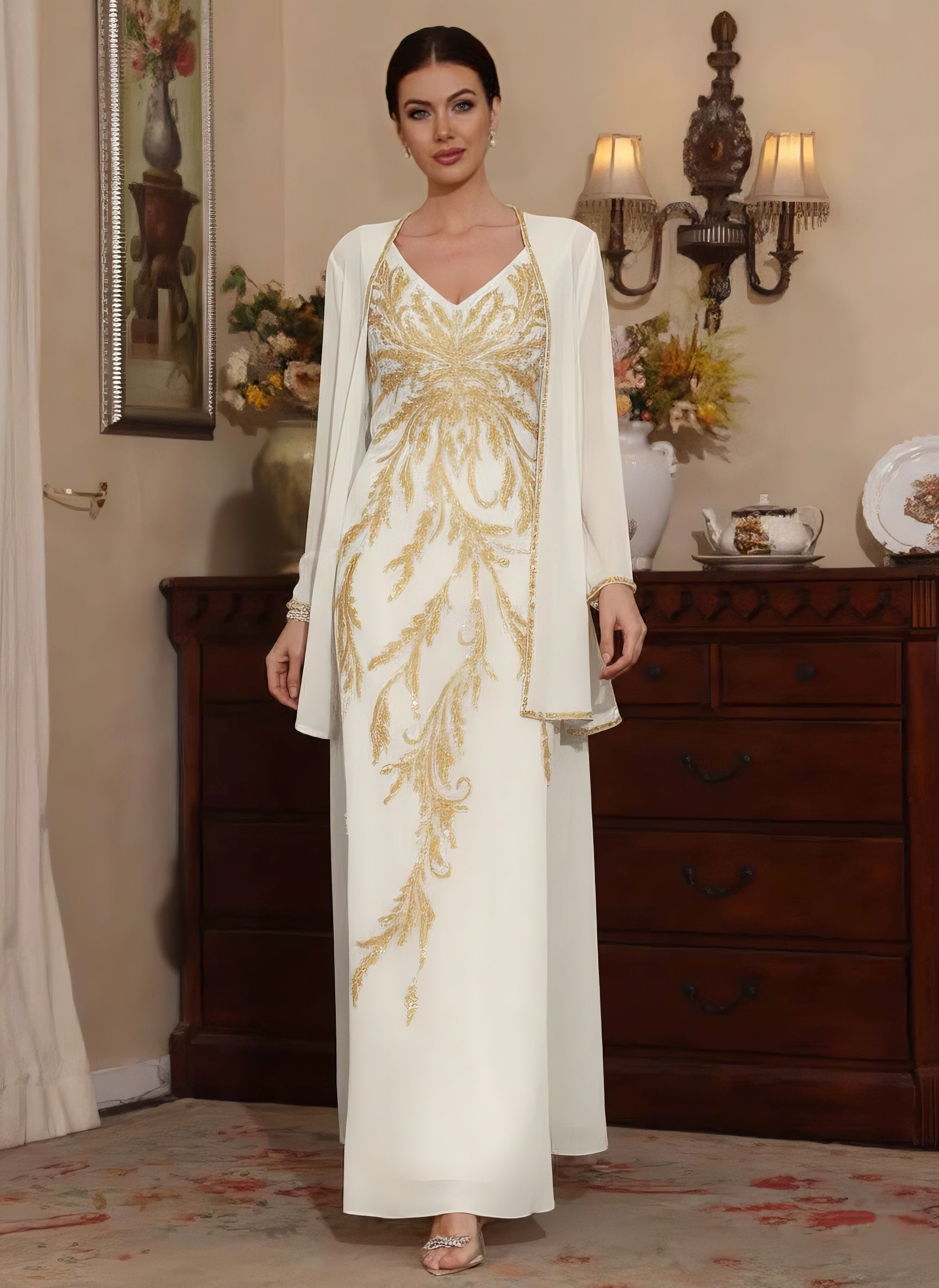 2 Pieces A-Line/Princess V-Neck Chiffon Mother of the Bride Dresses with Jacket Sequins Ankle-Length Long Sleeves