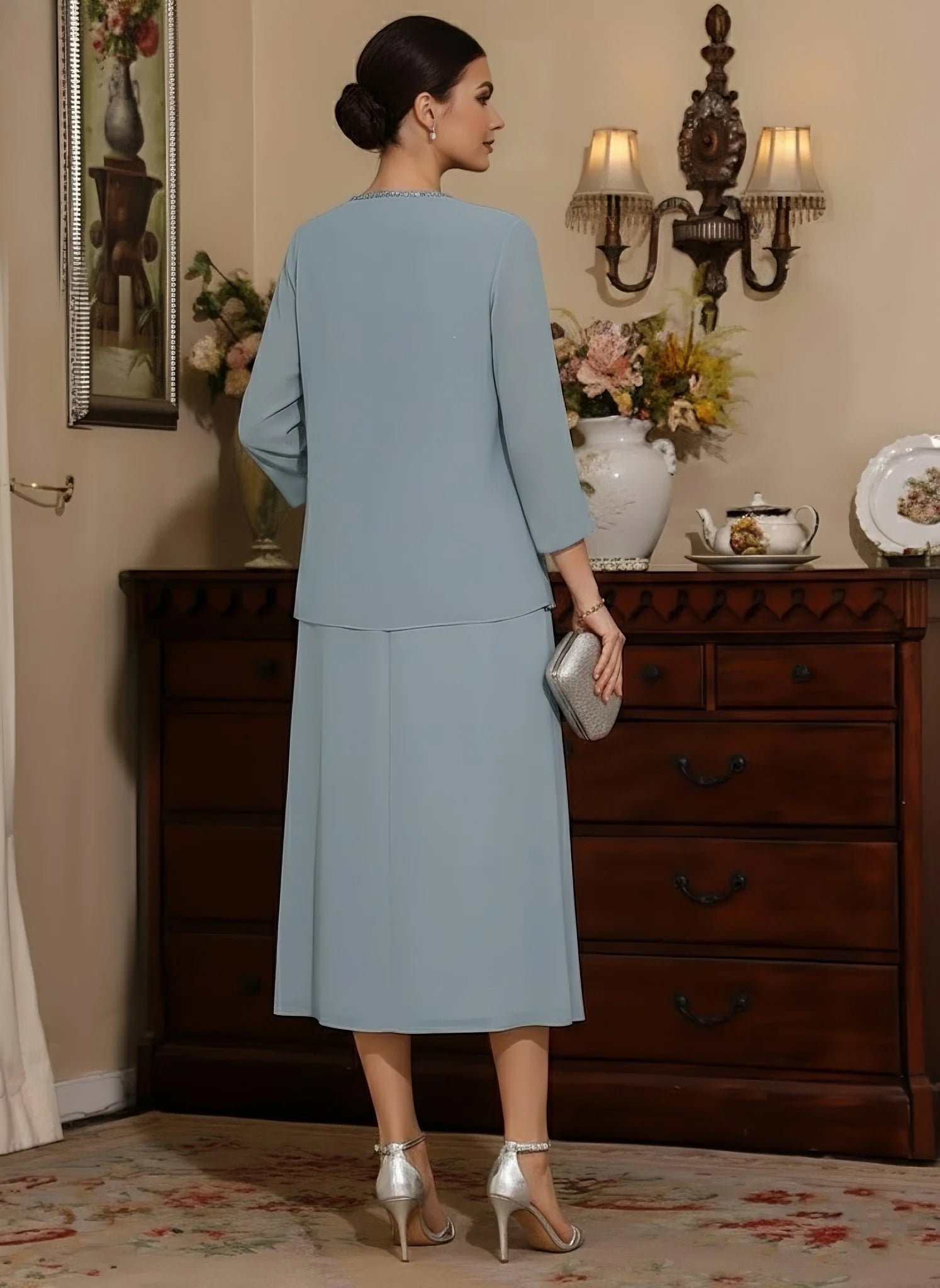 2 Pieces Sheath/Column V-Neck Chiffon Mother of the Bride Dresses with Jacket Sequins Tea-Length Long Sleeves