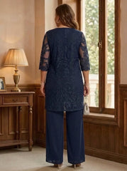 3 Pieces Scoop Chiffon Plus Size Mother of the Bride Pantsuits with Jacket Lace Ankle-Length Floral 3/4 Sleeves
