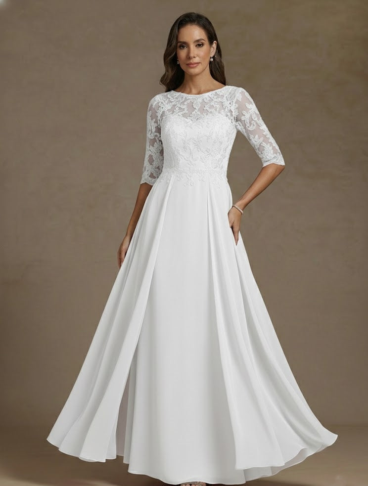 A-Line/Princess Boat Neck Chiffon Mother of the Bride Dresses Lace Floor-Length Half Sleeves