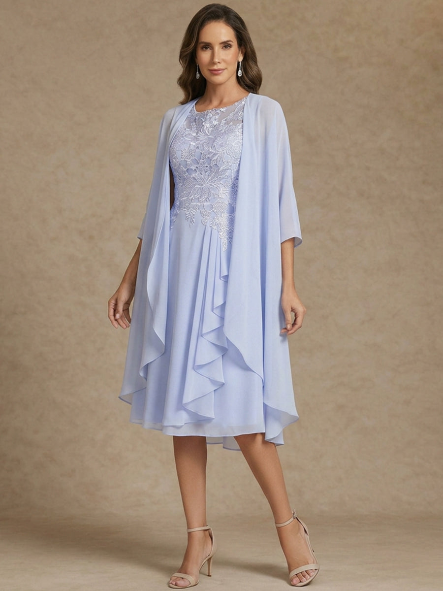 A-Line/Princess 2 Pieces Scoop Chiffon Mother of the Bride Dresses with Jacket Lace Tea-Length 3/4 Sleeves Ruffles