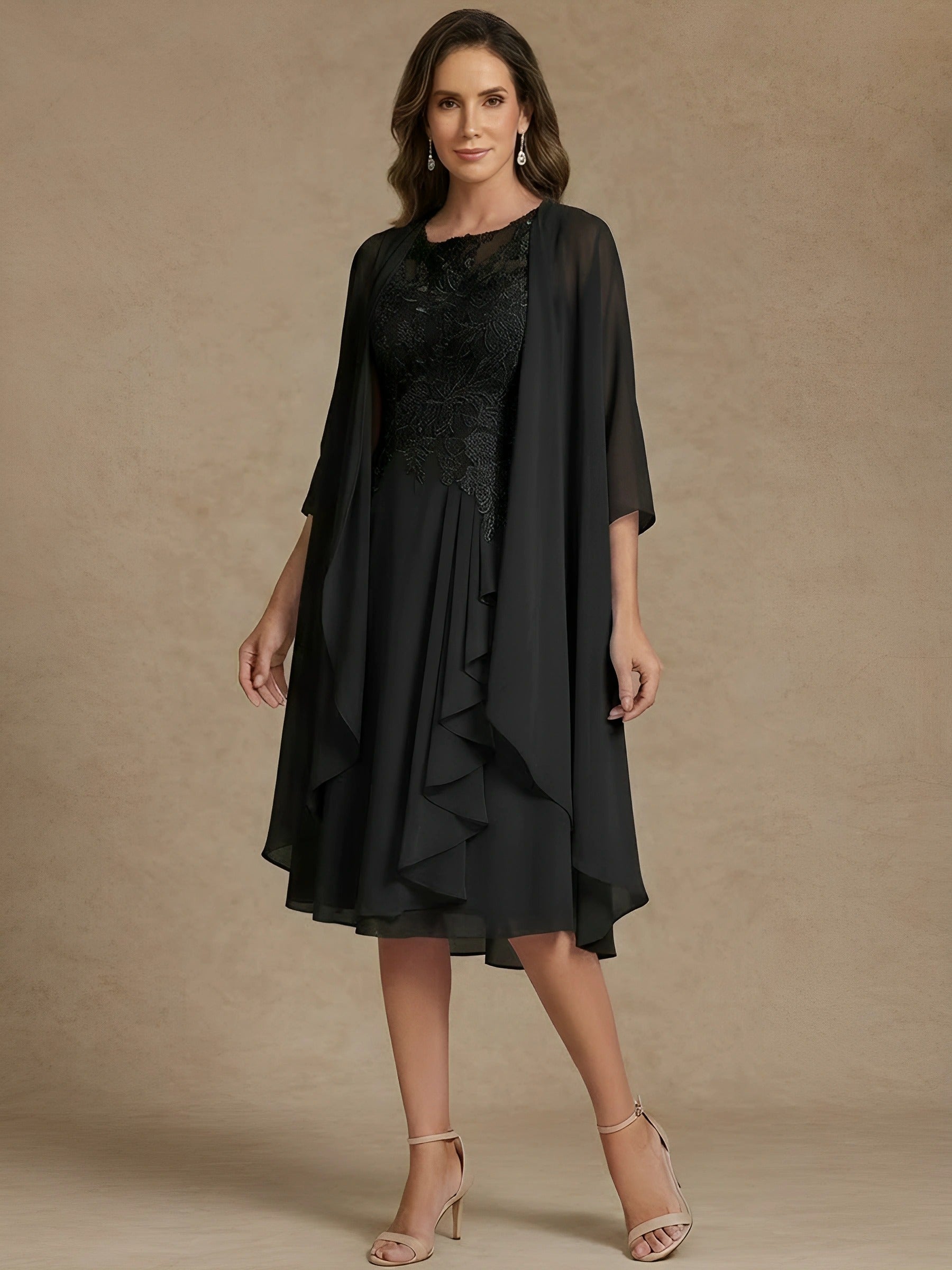 A-Line/Princess 2 Pieces Scoop Chiffon Mother of the Bride Dresses with Jacket Lace Tea-Length 3/4 Sleeves Ruffles