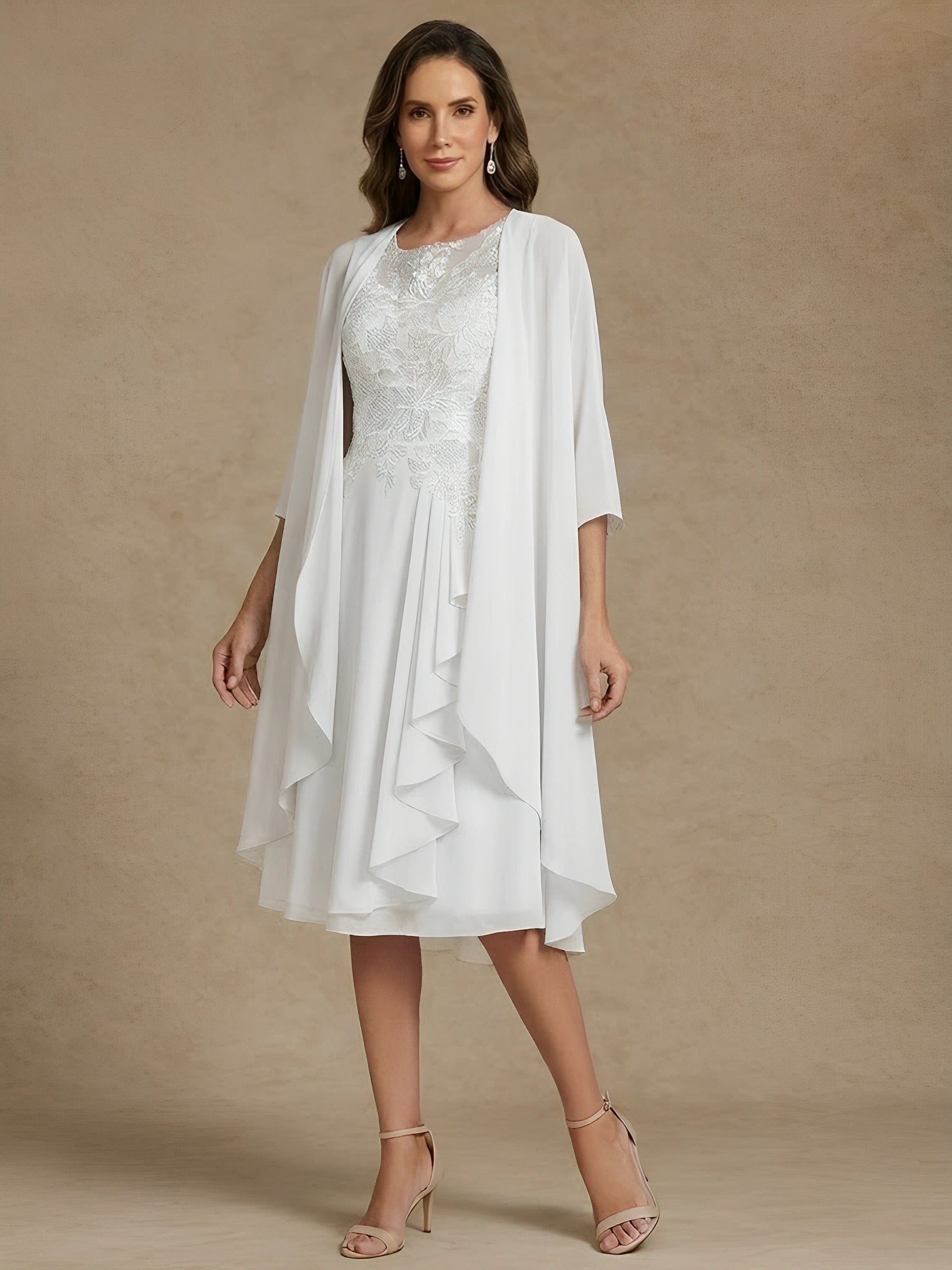 A-Line/Princess 2 Pieces Scoop Chiffon Mother of the Bride Dresses with Jacket Lace Tea-Length 3/4 Sleeves Ruffles