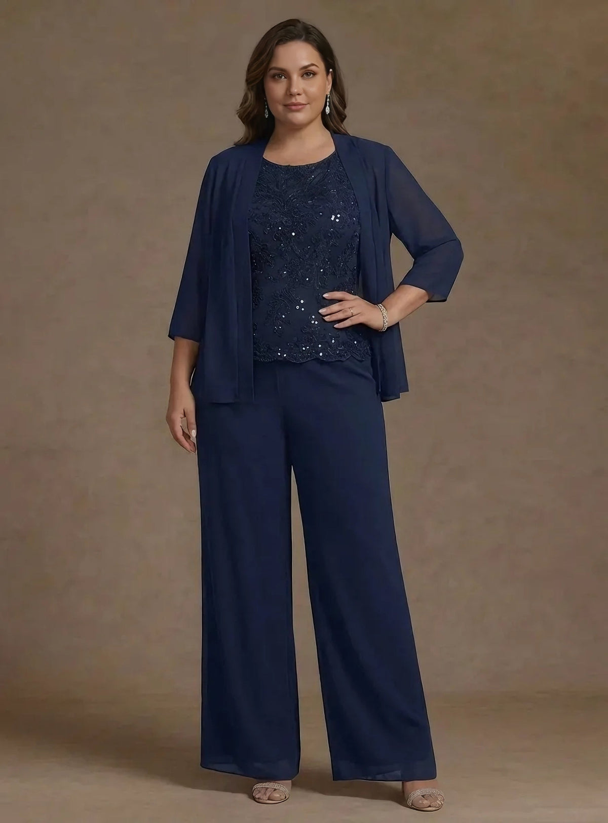 3 Pieces Suit Chiffon Plus Size Mother of the Bride Pantsuits with Jacket Scoop 3/4 Sleeves Ankle Length Lace Sequins