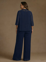 3 Pieces Suit Chiffon Plus Size Mother of the Bride Pantsuits with Jacket Scoop 3/4 Sleeves Ankle Length Lace Sequins