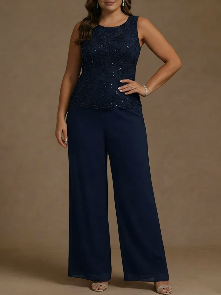 3 Pieces Suit Chiffon Plus Size Mother of the Bride Pantsuits with Jacket Scoop 3/4 Sleeves Ankle Length Lace Sequins