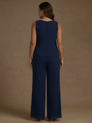 3 Pieces Suit Chiffon Plus Size Mother of the Bride Pantsuits with Jacket Scoop 3/4 Sleeves Ankle Length Lace Sequins