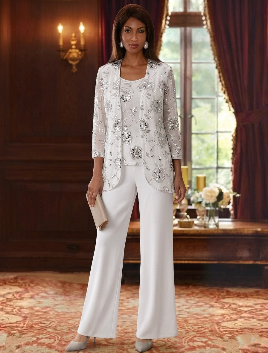 3 Pieces Suit Scoop Chiffon Mother of the Bride Pantsuits with Jacket Sequins Ankle-Length 3/4 Sleeves
