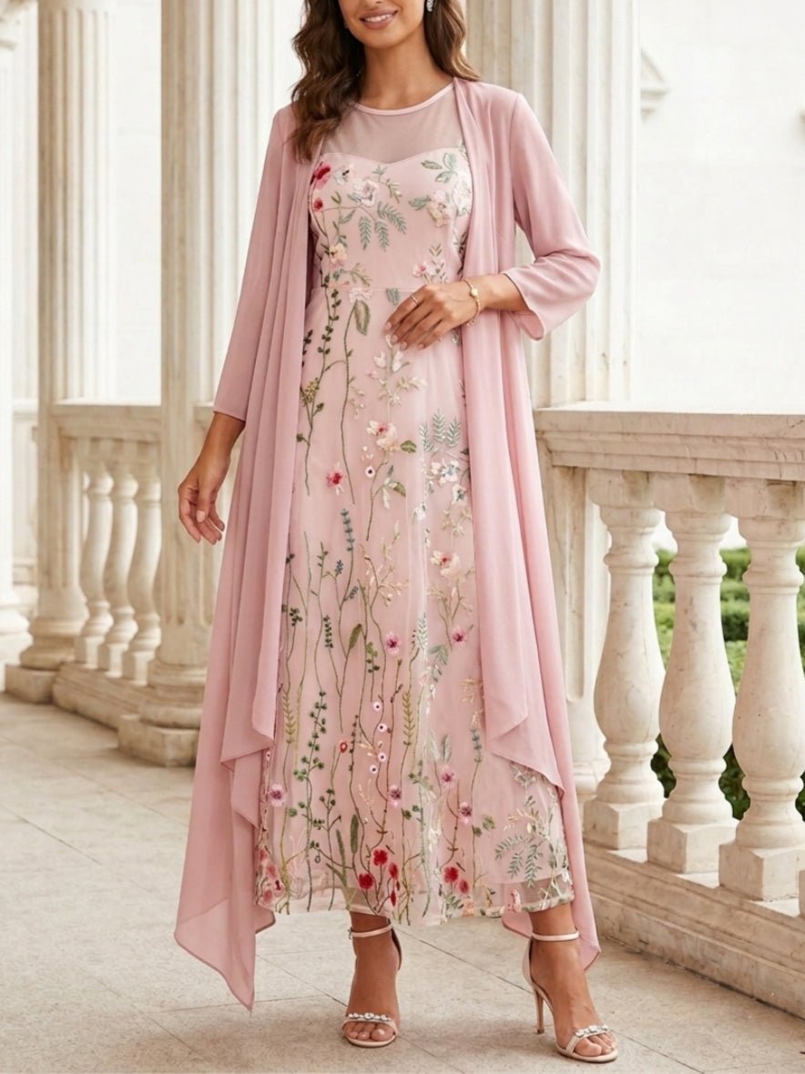 2 Pieces A-Line/Princess Scoop Chiffon Mother of the Bride Dresses with Jacket Long Sleeves Ankle-Length Lace Floral