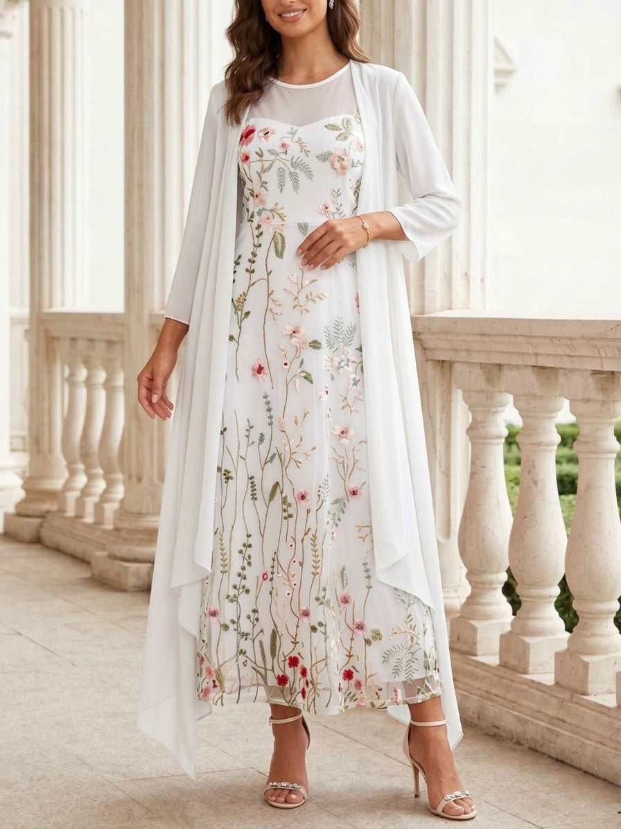 2 Pieces A-Line/Princess Scoop Chiffon Mother of the Bride Dresses with Jacket Long Sleeves Ankle-Length Lace Floral