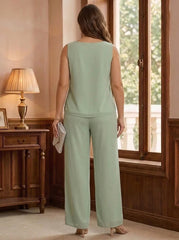 3 Pieces Suit Scoop Chiffon Plus Size Mother of the Bride Pantsuits with Jacket 3/4 Sleeves Lace Floor-Length