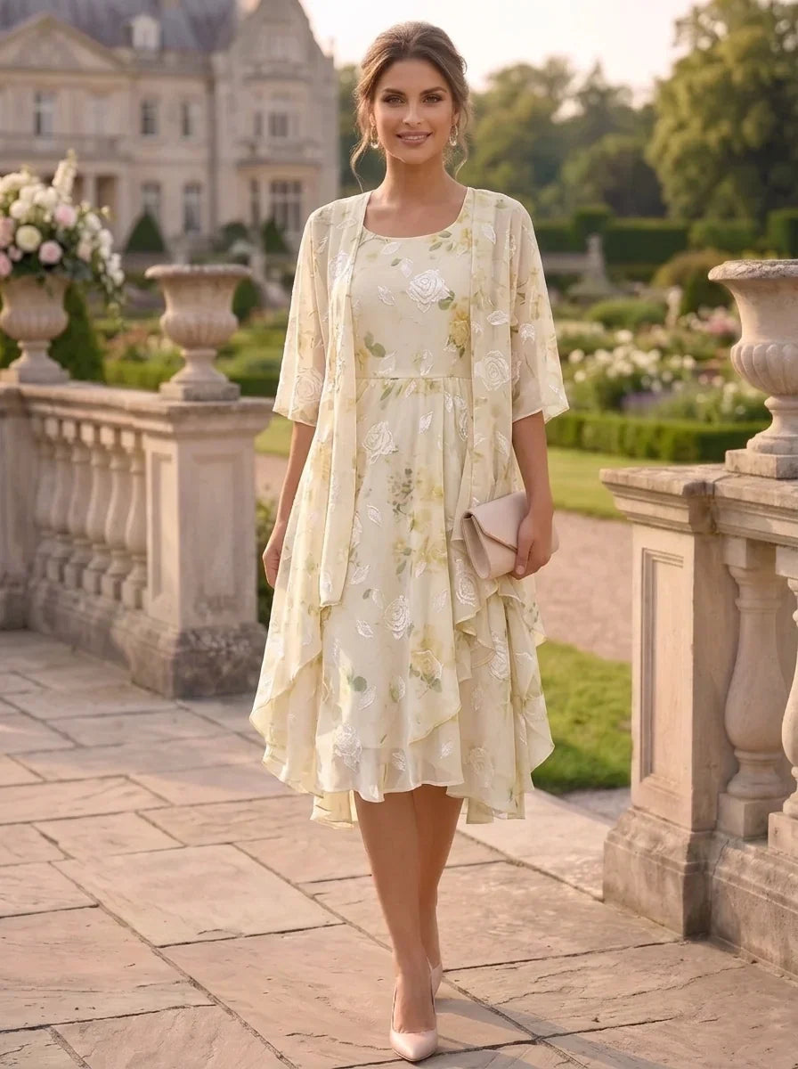 2 Pieces A-Line/Princess Scoop Chiffon Mother of the Bride Dresses with Wrap Floral Half Sleeves Tea-Length