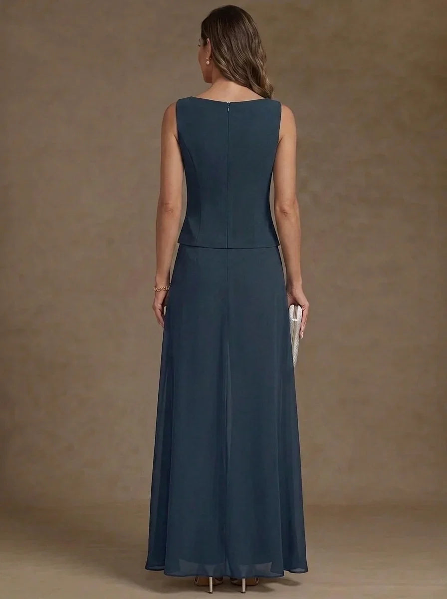 3 Pieces Suit Scoop Chiffon Mother of the Bride Pantsuits with Jacket Overskirt Lace Ankle-Length 3/4 Sleeves