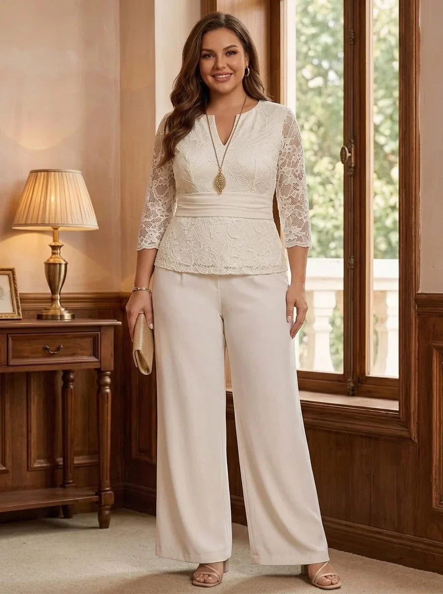 2 Pieces Suit V-Neck Chiffon Plus Size Mother of the Bride Pantsuits Ankle-Length 3/4 Sleeves Lace Embroidery