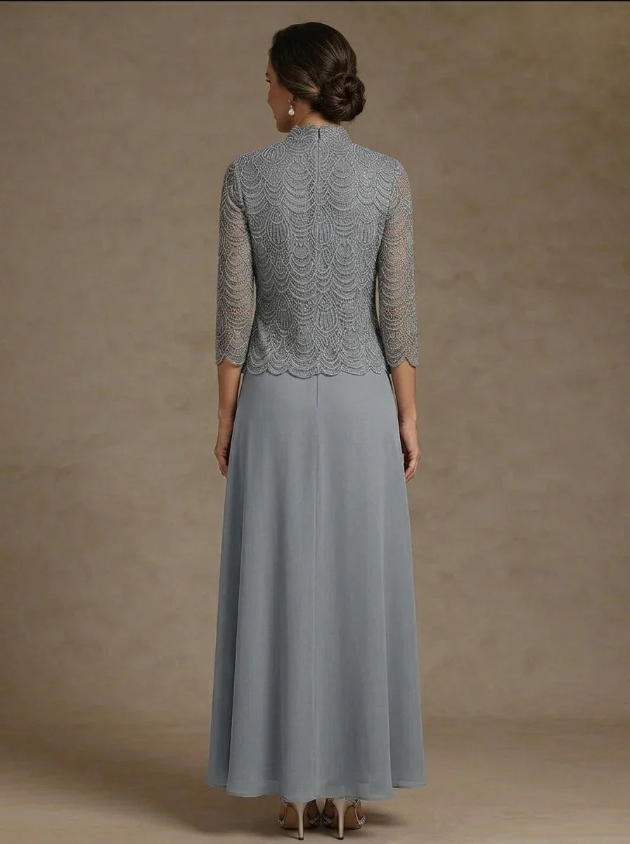2 Pieces A-Line/Princess Scoop Chiffon Mother of the Bride Dresses Ankle-Length 3/4 Sleeves&Sleeveless with Lace Jacket
