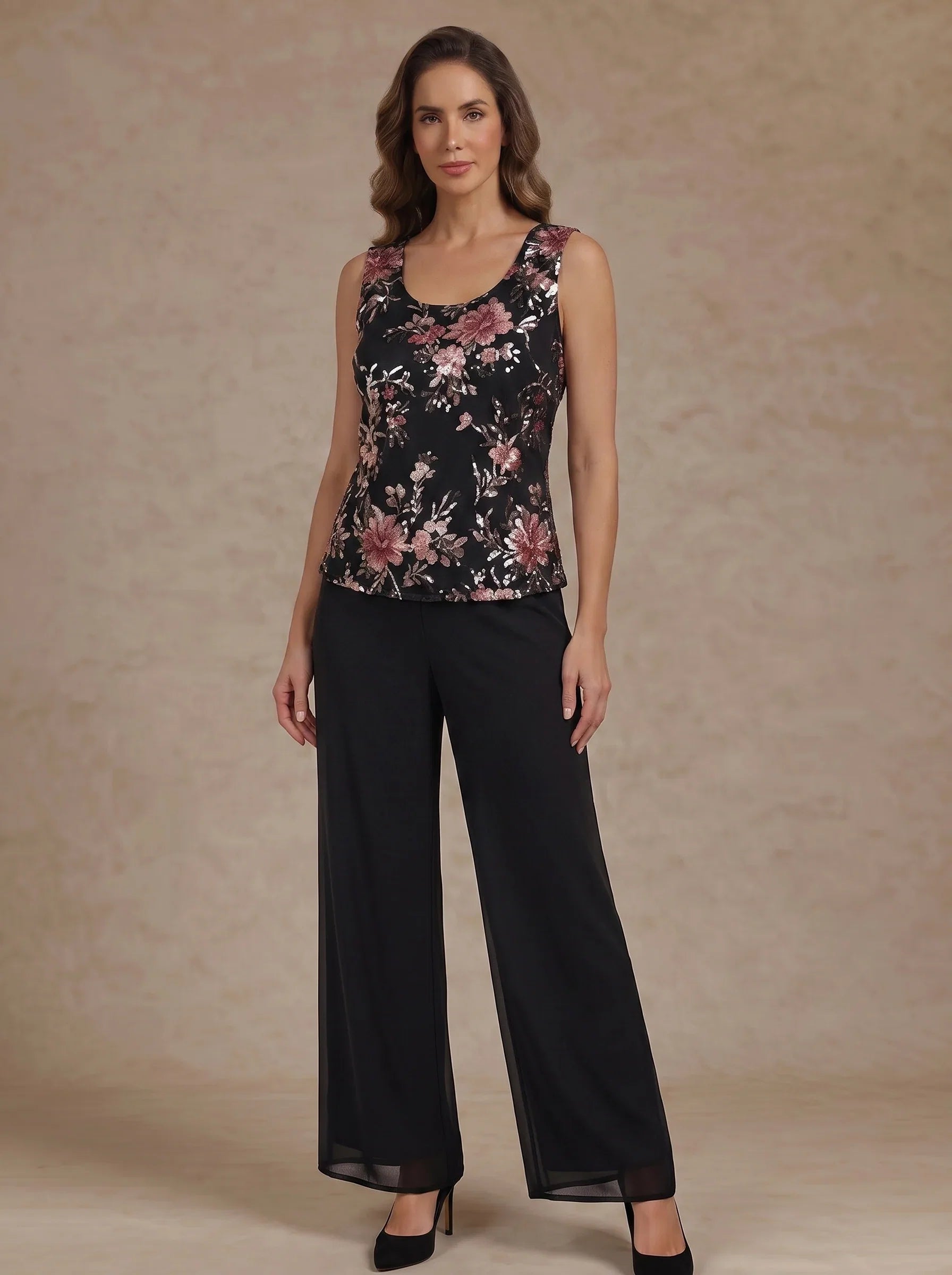 3 Pieces Scoop Chiffon Mother of the Bride Pantsuit Floral Ankle-Length 3/4 Sleeves&Sleeveless with Jacket