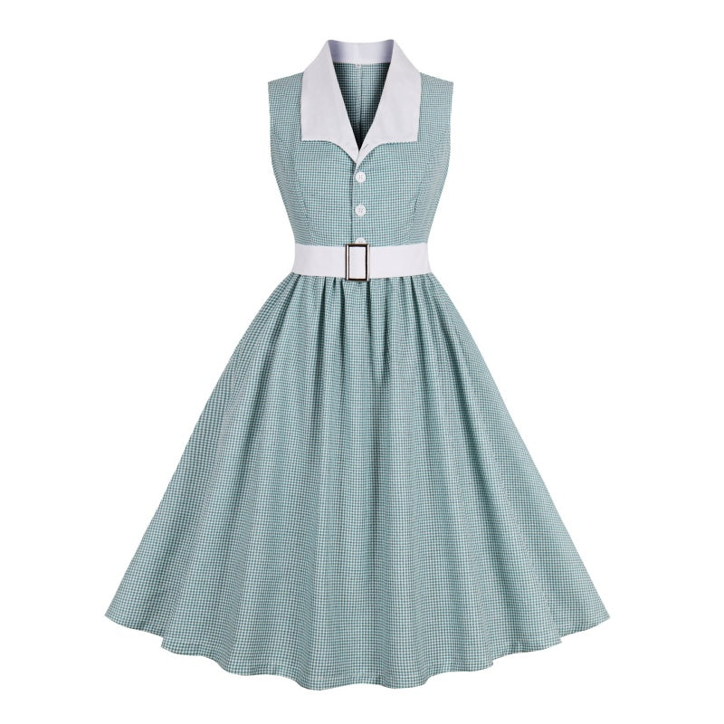 A-Line/Princess 1950s V-Neck Sleeveless Pleated Vintage Dresses with Belt & Buttons