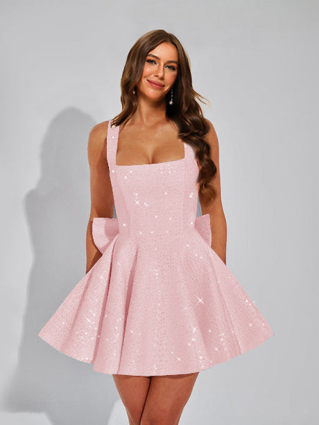 A-Line Square Neck Sequin Short Homecoming Dresses with Bow