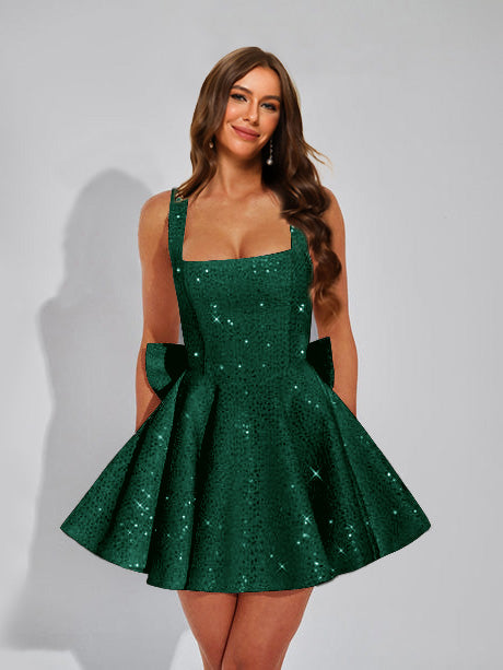 A-Line Square Neck Sequin Short Homecoming Dresses with Bow