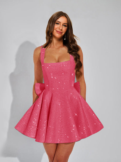 A-Line Square Neck Sequin Short Homecoming Dresses with Bow