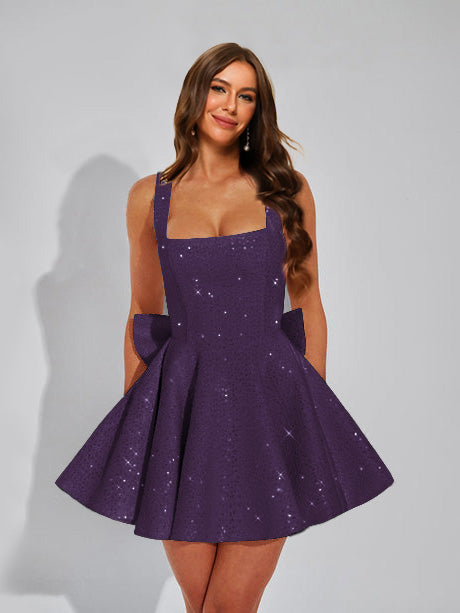 A-Line Square Neck Sequin Short Homecoming Dresses with Bow