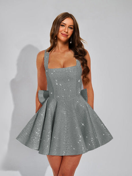 A-Line Square Neck Sequin Short Homecoming Dresses with Bow