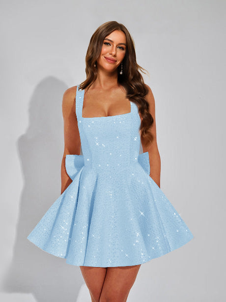 A-Line Square Neck Sequin Short Homecoming Dresses with Bow
