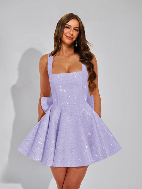 A-Line Square Neck Sequin Short Homecoming Dresses with Bow