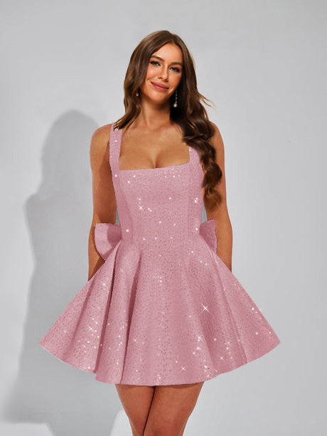 A-Line Square Neck Sequin Short Homecoming Dresses with Bow