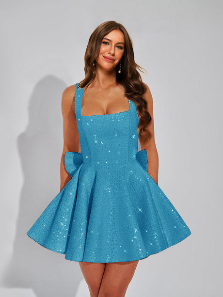 A-Line Square Neck Sequin Short Homecoming Dresses with Bow