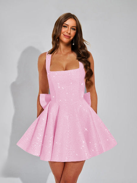A-Line Square Neck Sequin Short Homecoming Dresses with Bow