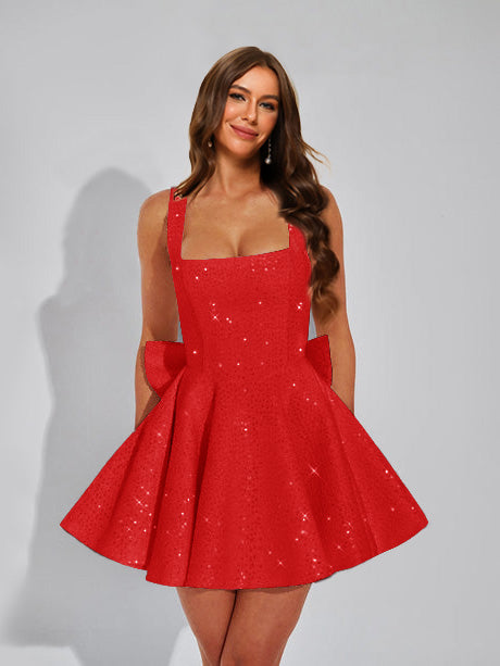 A-Line Square Neck Sequin Short Homecoming Dresses with Bow