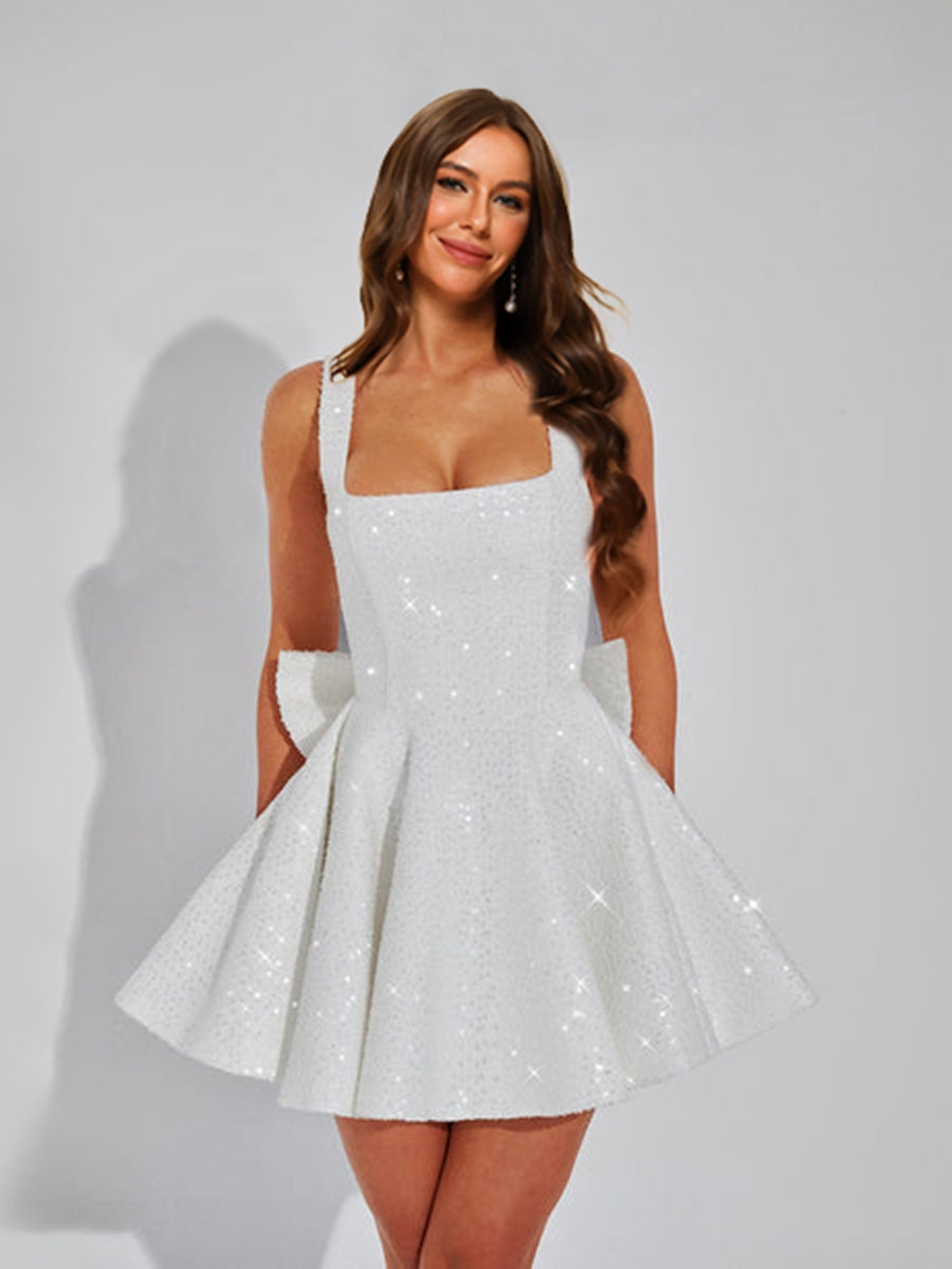 A-Line Square Neck Sequin Short Homecoming Dresses with Bow