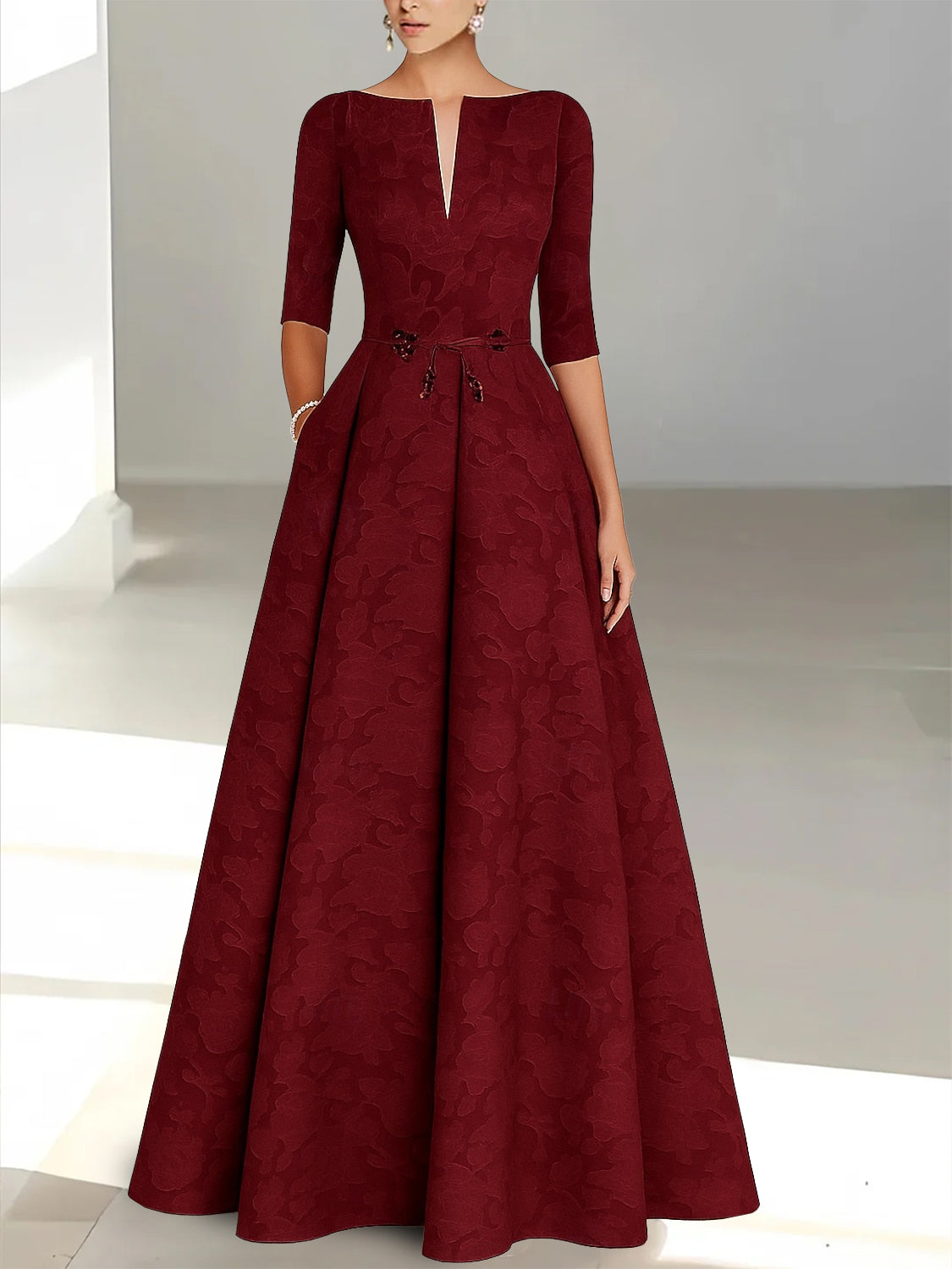 A-Line/Princess Boat Neck Half Sleeves Floor-Length Mother of the Bride Dresses with Sash
